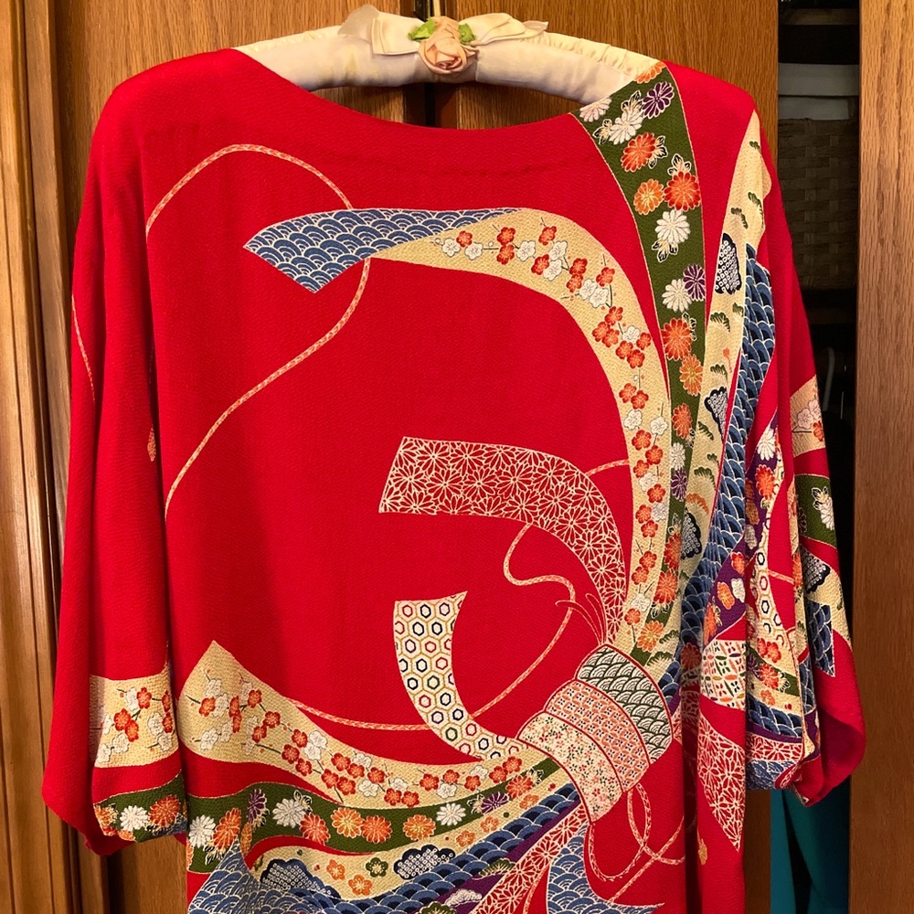 Vintage Japanese red ribbon print boatneck top